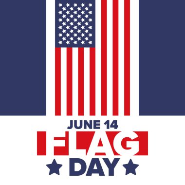 ABD 'de Ulusal Bayrak Günü. ABD 'de yıllık 14 Haziran tatili kutlandı. Amerikan bayrağıyla vatansever tarzı tasarım. Poster, tebrik kartı, afiş ve geçmiş. Vektör illüstrasyonu