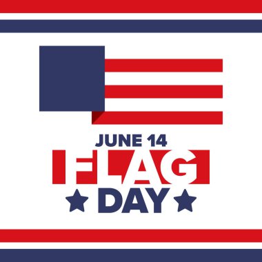ABD 'de Ulusal Bayrak Günü. ABD 'de yıllık 14 Haziran tatili kutlandı. Amerikan bayrağıyla vatansever tarzı tasarım. Poster, tebrik kartı, afiş ve geçmiş. Vektör illüstrasyonu
