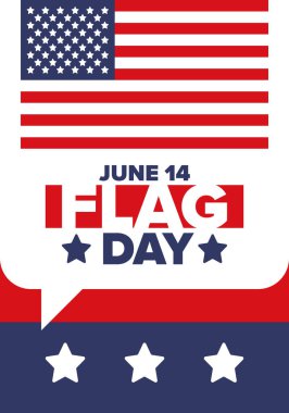 ABD 'de Ulusal Bayrak Günü. ABD 'de yıllık 14 Haziran tatili kutlandı. Amerikan bayrağıyla vatansever tarzı tasarım. Poster, tebrik kartı, afiş ve geçmiş. Vektör illüstrasyonu