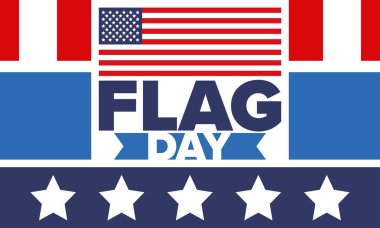 ABD 'de Ulusal Bayrak Günü. ABD 'de yıllık 14 Haziran tatili kutlandı. Amerikan bayrağıyla vatansever tarzı tasarım. Poster, tebrik kartı, afiş ve geçmiş. Vektör illüstrasyonu