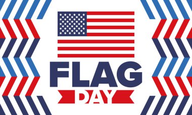 ABD 'de Ulusal Bayrak Günü. ABD 'de yıllık 14 Haziran tatili kutlandı. Amerikan bayrağıyla vatansever tarzı tasarım. Poster, tebrik kartı, afiş ve geçmiş. Vektör illüstrasyonu