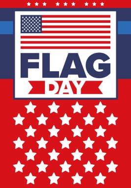 ABD 'de Ulusal Bayrak Günü. ABD 'de yıllık 14 Haziran tatili kutlandı. Amerikan bayrağıyla vatansever tarzı tasarım. Poster, tebrik kartı, afiş ve geçmiş. Vektör illüstrasyonu