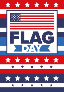 ABD 'de Ulusal Bayrak Günü. ABD 'de yıllık 14 Haziran tatili kutlandı. Amerikan bayrağıyla vatansever tarzı tasarım. Poster, tebrik kartı, afiş ve geçmiş. Vektör illüstrasyonu