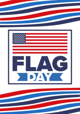 ABD 'de Ulusal Bayrak Günü. ABD 'de yıllık 14 Haziran tatili kutlandı. Amerikan bayrağıyla vatansever tarzı tasarım. Poster, tebrik kartı, afiş ve geçmiş. Vektör illüstrasyonu