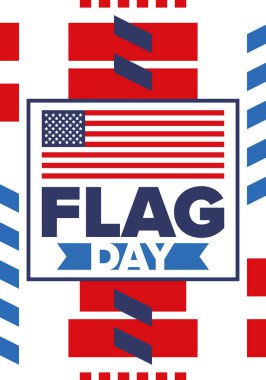 ABD 'de Ulusal Bayrak Günü. ABD 'de yıllık 14 Haziran tatili kutlandı. Amerikan bayrağıyla vatansever tarzı tasarım. Poster, tebrik kartı, afiş ve geçmiş. Vektör illüstrasyonu