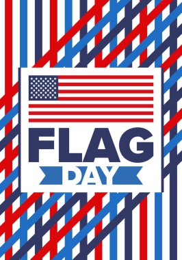 ABD 'de Ulusal Bayrak Günü. ABD 'de yıllık 14 Haziran tatili kutlandı. Amerikan bayrağıyla vatansever tarzı tasarım. Poster, tebrik kartı, afiş ve geçmiş. Vektör illüstrasyonu