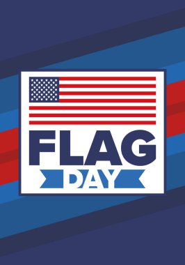 ABD 'de Ulusal Bayrak Günü. ABD 'de yıllık 14 Haziran tatili kutlandı. Amerikan bayrağıyla vatansever tarzı tasarım. Poster, tebrik kartı, afiş ve geçmiş. Vektör illüstrasyonu