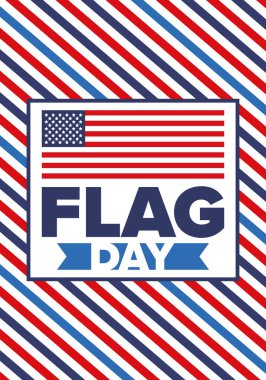 ABD 'de Ulusal Bayrak Günü. ABD 'de yıllık 14 Haziran tatili kutlandı. Amerikan bayrağıyla vatansever tarzı tasarım. Poster, tebrik kartı, afiş ve geçmiş. Vektör illüstrasyonu