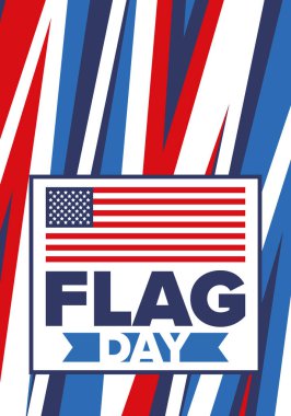 ABD 'de Ulusal Bayrak Günü. ABD 'de yıllık 14 Haziran tatili kutlandı. Amerikan bayrağıyla vatansever tarzı tasarım. Poster, tebrik kartı, afiş ve geçmiş. Vektör illüstrasyonu