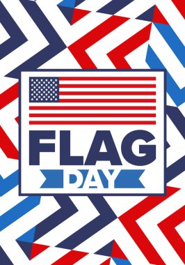 ABD 'de Ulusal Bayrak Günü. ABD 'de yıllık 14 Haziran tatili kutlandı. Amerikan bayrağıyla vatansever tarzı tasarım. Poster, tebrik kartı, afiş ve geçmiş. Vektör illüstrasyonu