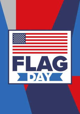 ABD 'de Ulusal Bayrak Günü. ABD 'de yıllık 14 Haziran tatili kutlandı. Amerikan bayrağıyla vatansever tarzı tasarım. Poster, tebrik kartı, afiş ve geçmiş. Vektör illüstrasyonu