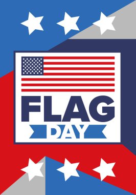 ABD 'de Ulusal Bayrak Günü. ABD 'de yıllık 14 Haziran tatili kutlandı. Amerikan bayrağıyla vatansever tarzı tasarım. Poster, tebrik kartı, afiş ve geçmiş. Vektör illüstrasyonu