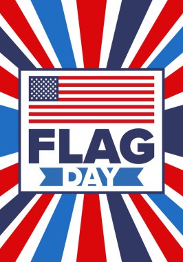 ABD 'de Ulusal Bayrak Günü. ABD 'de yıllık 14 Haziran tatili kutlandı. Amerikan bayrağıyla vatansever tarzı tasarım. Poster, tebrik kartı, afiş ve geçmiş. Vektör illüstrasyonu