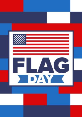 ABD 'de Ulusal Bayrak Günü. ABD 'de yıllık 14 Haziran tatili kutlandı. Amerikan bayrağıyla vatansever tarzı tasarım. Poster, tebrik kartı, afiş ve geçmiş. Vektör illüstrasyonu