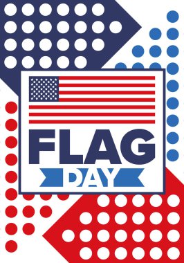 ABD 'de Ulusal Bayrak Günü. ABD 'de yıllık 14 Haziran tatili kutlandı. Amerikan bayrağıyla vatansever tarzı tasarım. Poster, tebrik kartı, afiş ve geçmiş. Vektör illüstrasyonu
