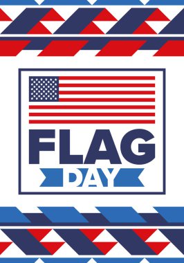 ABD 'de Ulusal Bayrak Günü. ABD 'de yıllık 14 Haziran tatili kutlandı. Amerikan bayrağıyla vatansever tarzı tasarım. Poster, tebrik kartı, afiş ve geçmiş. Vektör illüstrasyonu