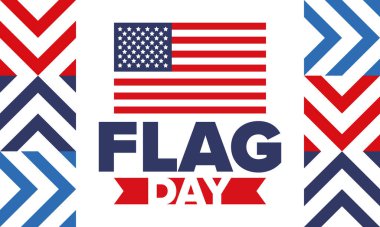 ABD 'de Ulusal Bayrak Günü. ABD 'de yıllık 14 Haziran tatili kutlandı. Amerikan bayrağıyla vatansever tarzı tasarım. Poster, tebrik kartı, afiş ve geçmiş. Vektör illüstrasyonu