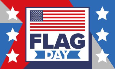 ABD 'de Ulusal Bayrak Günü. ABD 'de yıllık 14 Haziran tatili kutlandı. Amerikan bayrağıyla vatansever tarzı tasarım. Poster, tebrik kartı, afiş ve geçmiş. Vektör illüstrasyonu