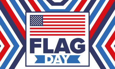 ABD 'de Ulusal Bayrak Günü. ABD 'de yıllık 14 Haziran tatili kutlandı. Amerikan bayrağıyla vatansever tarzı tasarım. Poster, tebrik kartı, afiş ve geçmiş. Vektör illüstrasyonu