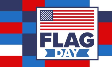 ABD 'de Ulusal Bayrak Günü. ABD 'de yıllık 14 Haziran tatili kutlandı. Amerikan bayrağıyla vatansever tarzı tasarım. Poster, tebrik kartı, afiş ve geçmiş. Vektör illüstrasyonu