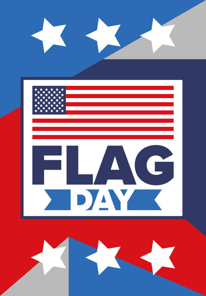 День Государственного флага США. Праздник отмечается ежегодно 14 июня в США. Патриотический дизайн с американским флагом. Плакат, открытка, баннер и фон. Векторная иллюстрация