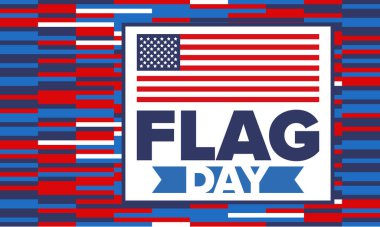 ABD 'de Ulusal Bayrak Günü. ABD 'de yıllık 14 Haziran tatili kutlandı. Amerikan bayrağıyla vatansever tarzı tasarım. Poster, tebrik kartı, afiş ve geçmiş. Vektör illüstrasyonu