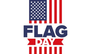 ABD 'de Ulusal Bayrak Günü. ABD 'de yıllık 14 Haziran tatili kutlandı. Amerikan bayrağıyla vatansever tarzı tasarım. Poster, tebrik kartı, afiş ve geçmiş. Vektör illüstrasyonu