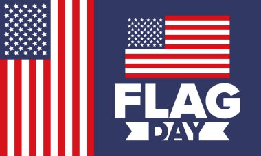 ABD 'de Ulusal Bayrak Günü. ABD 'de yıllık 14 Haziran tatili kutlandı. Amerikan bayrağıyla vatansever tarzı tasarım. Poster, tebrik kartı, afiş ve geçmiş. Vektör illüstrasyonu