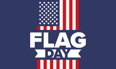 ABD 'de Ulusal Bayrak Günü. ABD 'de yıllık 14 Haziran tatili kutlandı. Amerikan bayrağıyla vatansever tarzı tasarım. Poster, tebrik kartı, afiş ve geçmiş. Vektör illüstrasyonu