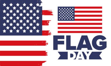 ABD 'de Ulusal Bayrak Günü. ABD 'de yıllık 14 Haziran tatili kutlandı. Amerikan bayrağıyla vatansever tarzı tasarım. Poster, tebrik kartı, afiş ve geçmiş. Vektör illüstrasyonu