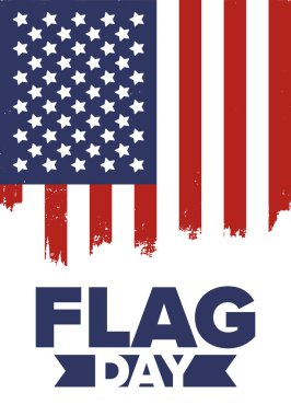 ABD 'de Ulusal Bayrak Günü. ABD 'de yıllık 14 Haziran tatili kutlandı. Amerikan bayrağıyla vatansever tarzı tasarım. Poster, tebrik kartı, afiş ve geçmiş. Vektör illüstrasyonu