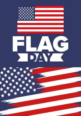 ABD 'de Ulusal Bayrak Günü. ABD 'de yıllık 14 Haziran tatili kutlandı. Amerikan bayrağıyla vatansever tarzı tasarım. Poster, tebrik kartı, afiş ve geçmiş. Vektör illüstrasyonu