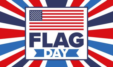 ABD 'de Ulusal Bayrak Günü. ABD 'de yıllık 14 Haziran tatili kutlandı. Amerikan bayrağıyla vatansever tarzı tasarım. Poster, tebrik kartı, afiş ve geçmiş. Vektör illüstrasyonu