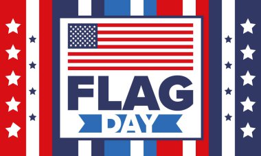 ABD 'de Ulusal Bayrak Günü. ABD 'de yıllık 14 Haziran tatili kutlandı. Amerikan bayrağıyla vatansever tarzı tasarım. Poster, tebrik kartı, afiş ve geçmiş. Vektör illüstrasyonu