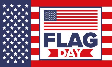 ABD 'de Ulusal Bayrak Günü. ABD 'de yıllık 14 Haziran tatili kutlandı. Amerikan bayrağıyla vatansever tarzı tasarım. Poster, tebrik kartı, afiş ve geçmiş. Vektör illüstrasyonu