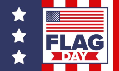 ABD 'de Ulusal Bayrak Günü. ABD 'de yıllık 14 Haziran tatili kutlandı. Amerikan bayrağıyla vatansever tarzı tasarım. Poster, tebrik kartı, afiş ve geçmiş. Vektör illüstrasyonu