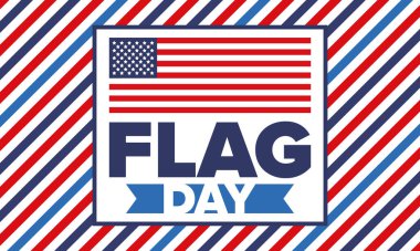 ABD 'de Ulusal Bayrak Günü. ABD 'de yıllık 14 Haziran tatili kutlandı. Amerikan bayrağıyla vatansever tarzı tasarım. Poster, tebrik kartı, afiş ve geçmiş. Vektör illüstrasyonu