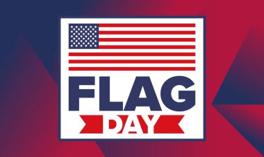 ABD 'de Ulusal Bayrak Günü. ABD 'de yıllık 14 Haziran tatili kutlandı. Amerikan bayrağıyla vatansever tarzı tasarım. Poster, tebrik kartı, afiş ve geçmiş. Vektör illüstrasyonu