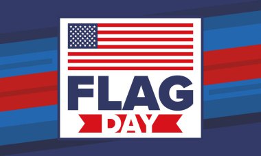 ABD 'de Ulusal Bayrak Günü. ABD 'de yıllık 14 Haziran tatili kutlandı. Amerikan bayrağıyla vatansever tarzı tasarım. Poster, tebrik kartı, afiş ve geçmiş. Vektör illüstrasyonu