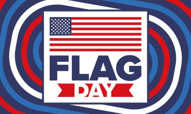 ABD 'de Ulusal Bayrak Günü. ABD 'de yıllık 14 Haziran tatili kutlandı. Amerikan bayrağıyla vatansever tarzı tasarım. Poster, tebrik kartı, afiş ve geçmiş. Vektör illüstrasyonu