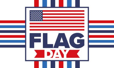 ABD 'de Ulusal Bayrak Günü. ABD 'de yıllık 14 Haziran tatili kutlandı. Amerikan bayrağıyla vatansever tarzı tasarım. Poster, tebrik kartı, afiş ve geçmiş. Vektör illüstrasyonu