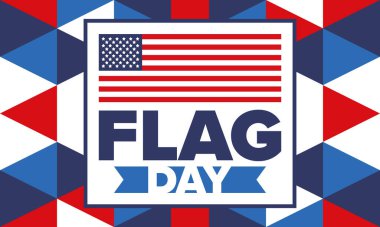 ABD 'de Ulusal Bayrak Günü. ABD 'de yıllık 14 Haziran tatili kutlandı. Amerikan bayrağıyla vatansever tarzı tasarım. Poster, tebrik kartı, afiş ve geçmiş. Vektör illüstrasyonu