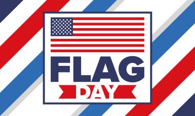 ABD 'de Ulusal Bayrak Günü. ABD 'de yıllık 14 Haziran tatili kutlandı. Amerikan bayrağıyla vatansever tarzı tasarım. Poster, tebrik kartı, afiş ve geçmiş. Vektör illüstrasyonu