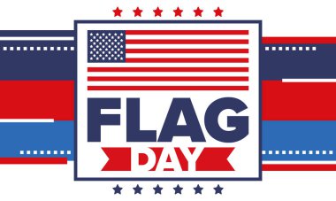 ABD 'de Ulusal Bayrak Günü. ABD 'de yıllık 14 Haziran tatili kutlandı. Amerikan bayrağıyla vatansever tarzı tasarım. Poster, tebrik kartı, afiş ve geçmiş. Vektör illüstrasyonu