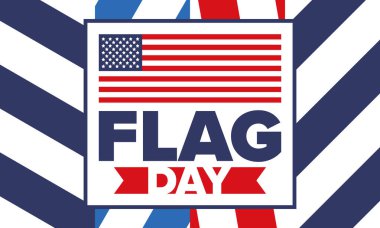 ABD 'de Ulusal Bayrak Günü. ABD 'de yıllık 14 Haziran tatili kutlandı. Amerikan bayrağıyla vatansever tarzı tasarım. Poster, tebrik kartı, afiş ve geçmiş. Vektör illüstrasyonu