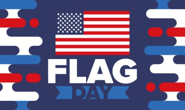 ABD 'de Ulusal Bayrak Günü. ABD 'de yıllık 14 Haziran tatili kutlandı. Amerikan bayrağıyla vatansever tarzı tasarım. Poster, tebrik kartı, afiş ve geçmiş. Vektör illüstrasyonu