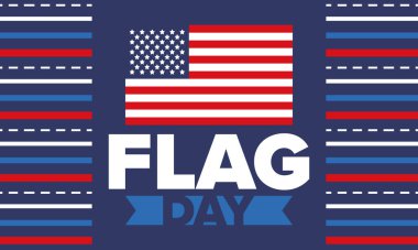 ABD 'de Ulusal Bayrak Günü. ABD 'de yıllık 14 Haziran tatili kutlandı. Amerikan bayrağıyla vatansever tarzı tasarım. Poster, tebrik kartı, afiş ve geçmiş. Vektör illüstrasyonu