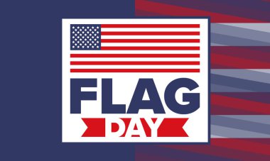 ABD 'de Ulusal Bayrak Günü. ABD 'de yıllık 14 Haziran tatili kutlandı. Amerikan bayrağıyla vatansever tarzı tasarım. Poster, tebrik kartı, afiş ve geçmiş. Vektör illüstrasyonu