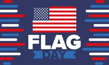 ABD 'de Ulusal Bayrak Günü. ABD 'de yıllık 14 Haziran tatili kutlandı. Amerikan bayrağıyla vatansever tarzı tasarım. Poster, tebrik kartı, afiş ve geçmiş. Vektör illüstrasyonu