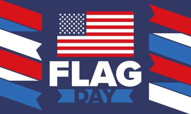 ABD 'de Ulusal Bayrak Günü. ABD 'de yıllık 14 Haziran tatili kutlandı. Amerikan bayrağıyla vatansever tarzı tasarım. Poster, tebrik kartı, afiş ve geçmiş. Vektör illüstrasyonu